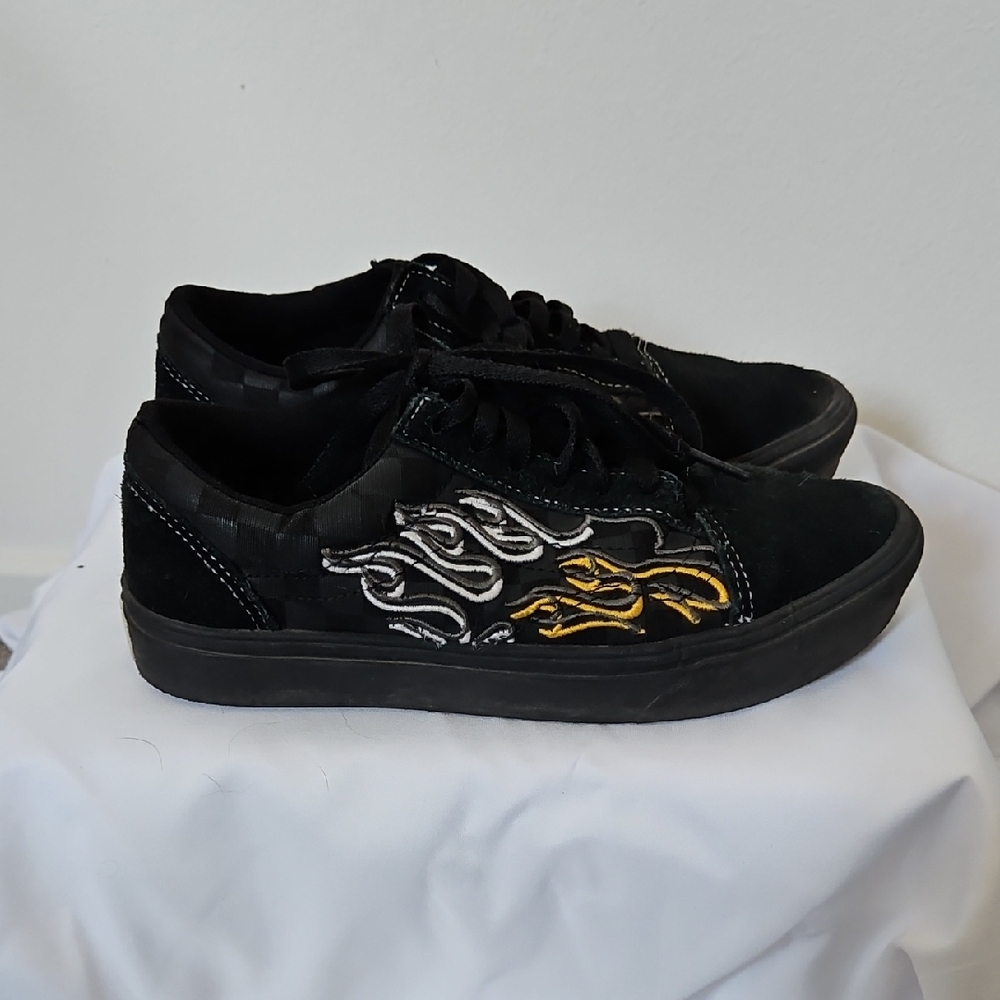 Vans Black Sneakers with Silver and Gold Flame Design